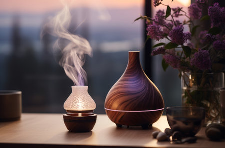 an essential oil diffuser sitting on a table full of aromatherapy candle.の素材