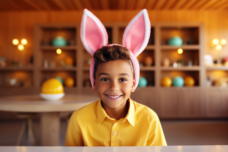 a young boy is holding an easter egg while wearing bunny ears.の素材