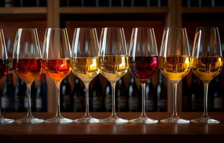 a row of wine glasses containing different kinds of wine.の素材