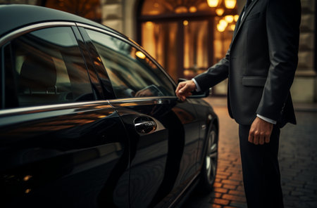 a man hands the door handle of a black car.の素材