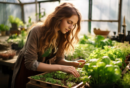 woman working in greenhouse with seedlings, joyful and optimistic.の素材