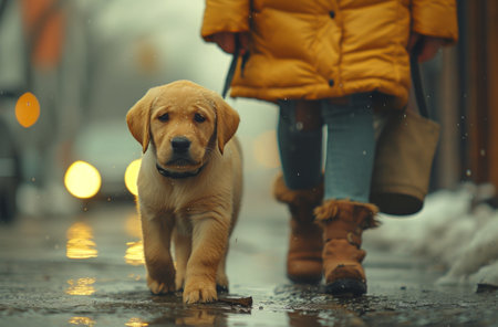 woman walking her yellow labrador puppy in city.の素材