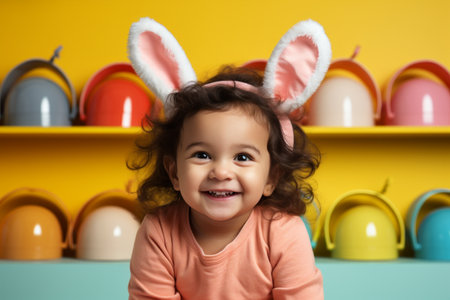 toddler on yellow background with bunny ears on faces kidstock.の素材