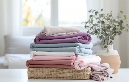 towel folding in white bed.の素材