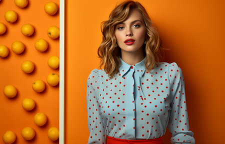 the woman in red wearing a top holding an orange slice in her mouth.の素材