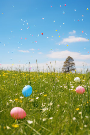 A grassy meadow with a clear blue sky and Easter eggs scattered throughout.の素材