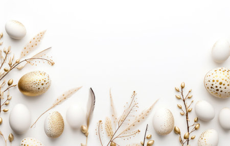 easter eggs and dried plants on white backgroundの素材