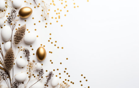 easter eggs and dried plants on white backgroundの素材