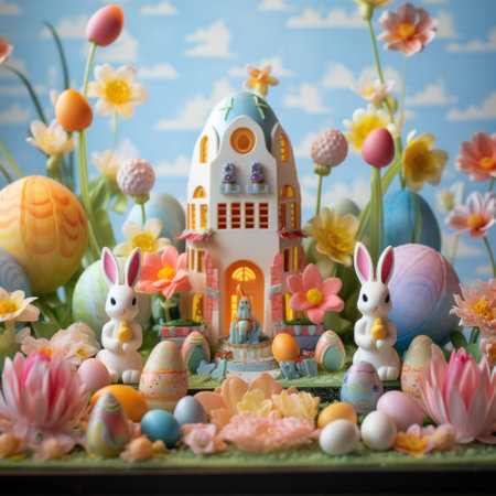 A cute bunny surrounded by colorful eggs and sitting in a grassy fieldの素材