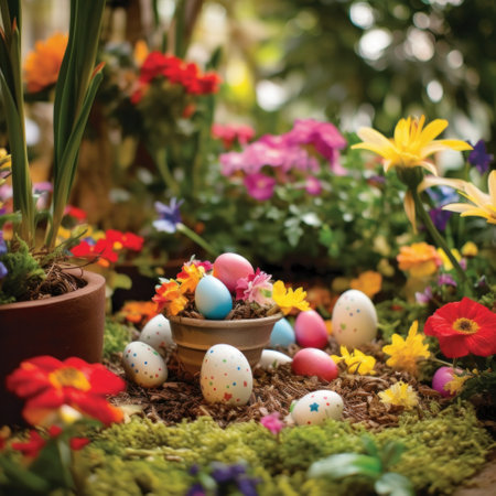 A colorful garden setting with Easter eggs hidden among the flowers.の素材