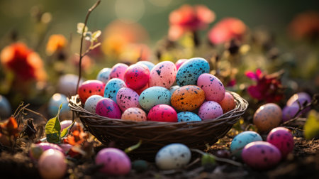 A close-up of a basket filled with vibrant Easter eggs in a grassy setting.の素材