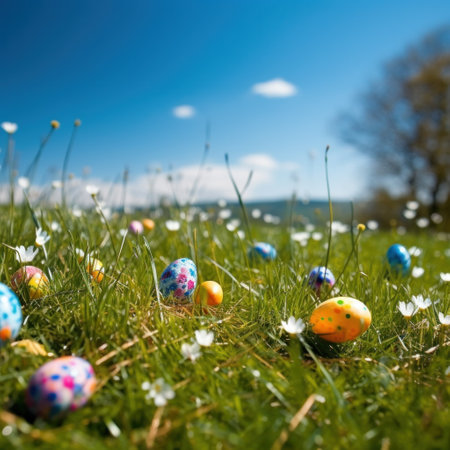 A grassy meadow with a clear blue sky and Easter eggs scattered throughout.の素材