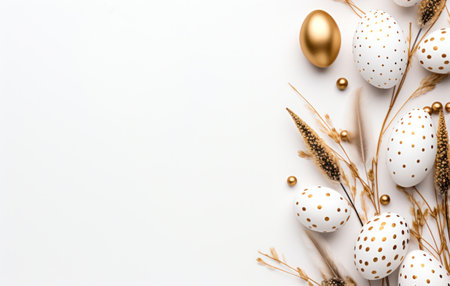 easter eggs and dried plants on white backgroundの素材