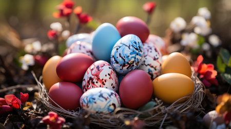 A close-up of a basket filled with vibrant Easter eggs in a grassy setting.の素材