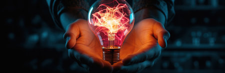 hand in hand with an energy light bulb on a cloudy background,の素材