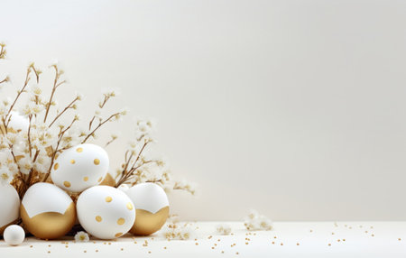 golden easter eggs and a white flower in one of the white space,の素材