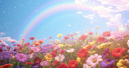 field of flowers with a rainbow behind it,の素材