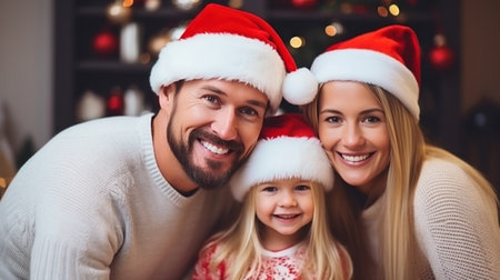 Happy family in Santa hats with gifts and decorationsの素材