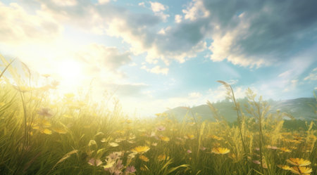 a beautiful sunny day over some grass and flowers,の素材