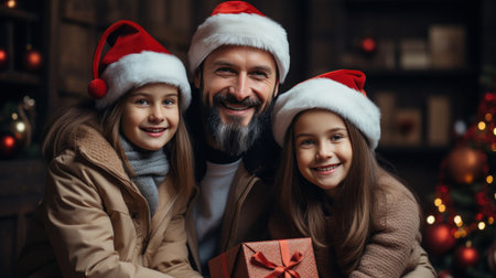 Happy family in Santa hats with gifts and decorationsの素材