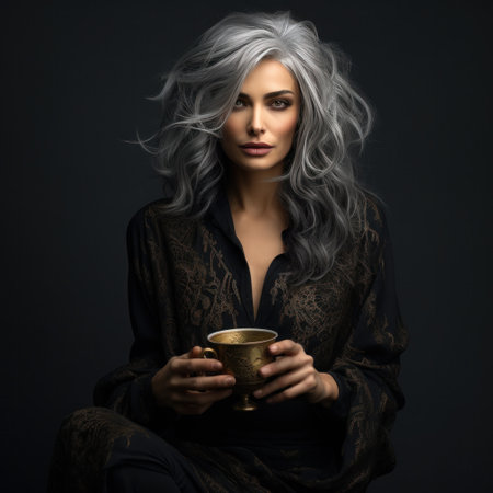 a 40 year old woman with gray hair holding a cup and coffee,の素材