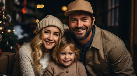 Happy family in Santa hats with gifts and decorationsの素材