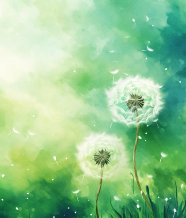 a dandelion blowing in the wind on a green background,の素材