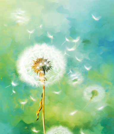 a dandelion blowing in the wind on a green background,の素材