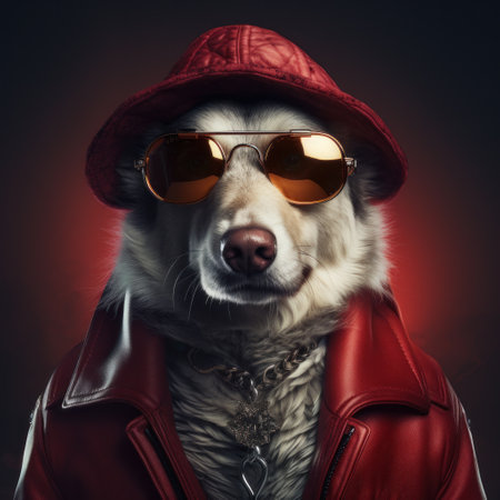 a dog dressed like a man wearing jacket, sunglasses and hat,の素材