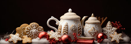 a coffee teapot with red and white mugs, gingerbread cookies and snowflakesの素材
