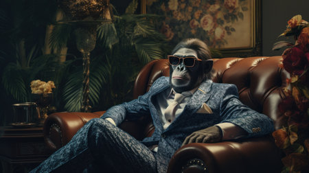 a chimp in a suit, sitting on a couch with sunglasses,の素材