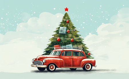 a christmas car driving down snowy road with christmas tree on top,の素材