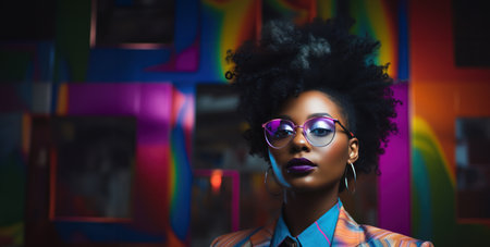 a black woman in glasses is posing with a brightly colored background,の素材