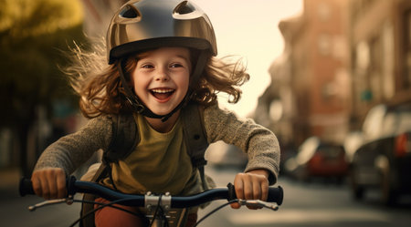 a cute girl wearing a helmet on her bike riding down the street,の素材