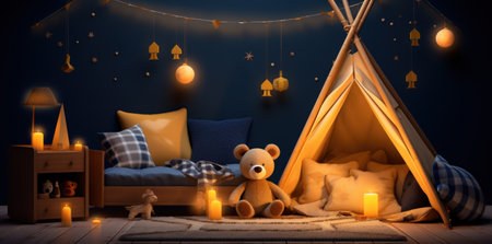 a cute young boy's room with a teepee, couches and bears,の素材