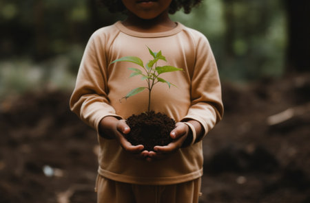 a child is holding a small green plant growing in dirt surrounded by green forest,の素材