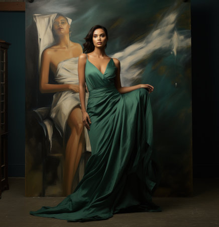 a model wears a green gown with slit in front of a wall with a giant image of the ad,の素材