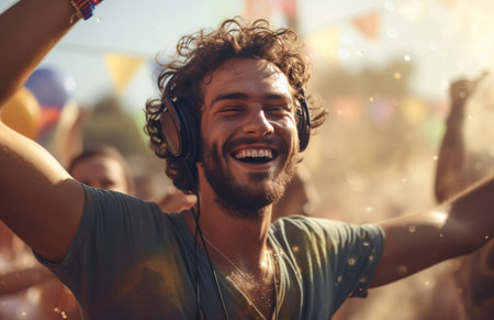 a man wearing headphones is at a concert with his head up,の素材