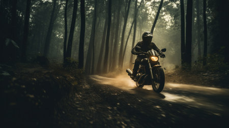 a man riding a motorcycle in an empty forest,の素材