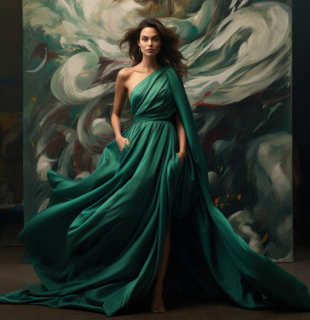 a model wears a green gown with slit in front of a wall with a giant image of the ad,の素材