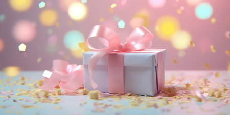 a pink birthday present and confetti,の素材