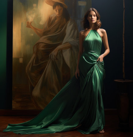 a model wears a green gown with slit in front of a wall with a giant image of the ad,の素材