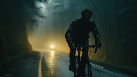 a man riding a bike on a road through the forest,の素材