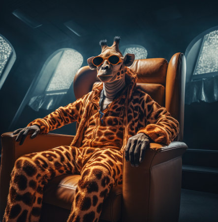 a man dressed in giraffe clothing sits on a couch,の素材