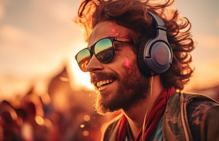 a man wearing headphones is at a concert with his head up,の素材