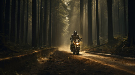 a man riding a motorcycle in an empty forest,の素材