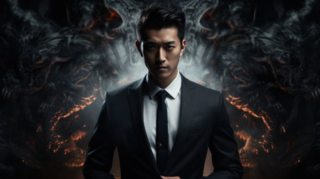 a man in a suit poses behind a dark background,の素材