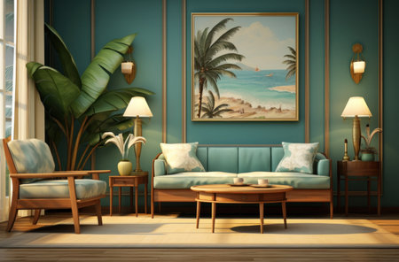 a modern room is filled with green walls and wood furniture,の素材