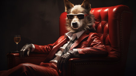 a dog wearing a suit, sunglasses and sitting in a chair,の素材