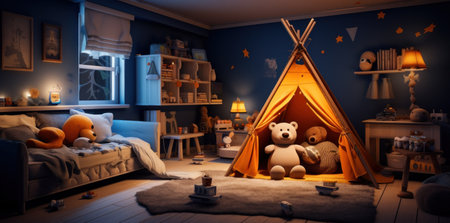 a cute young boy's room with a teepee, couches and bears,の素材
